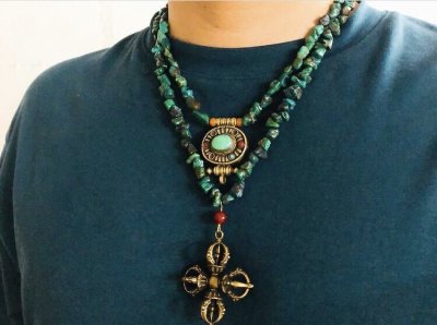 画像1: チベタン天然ターコイズ(yu)と羯磨金剛(ドルジェ)　のネックレス（tibetan natural turquoise）
