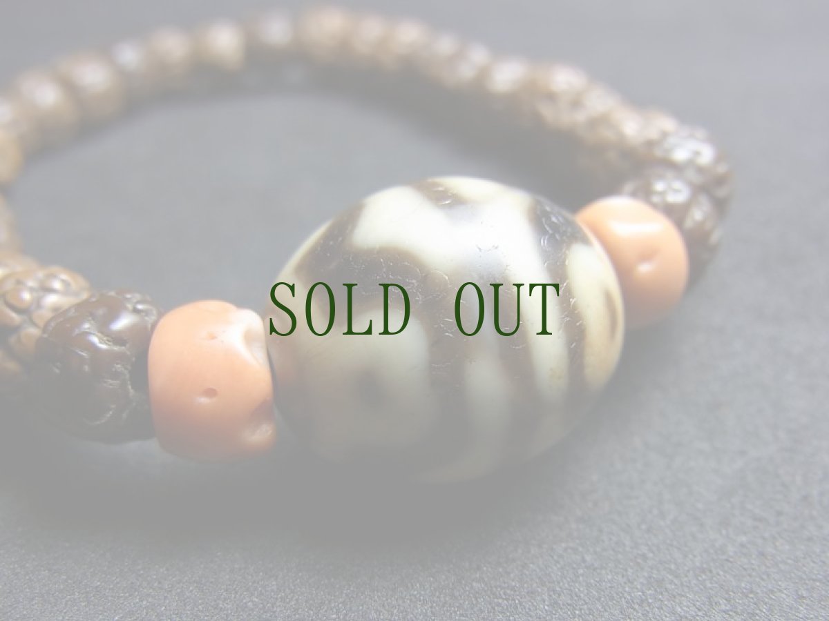 画像6: ジービーズ(dzi with tiger tooth and Lotus motif) 虎牙蓮花天珠 と山珊瑚（コーラル）、金剛菩提樹（ルドラクシャ）のブレスレット (6)