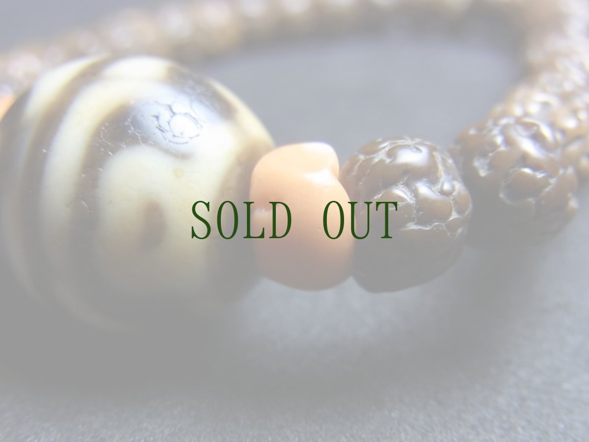 画像7: ジービーズ(dzi with tiger tooth and Lotus motif) 虎牙蓮花天珠 と山珊瑚（コーラル）、金剛菩提樹（ルドラクシャ）のブレスレット (7)