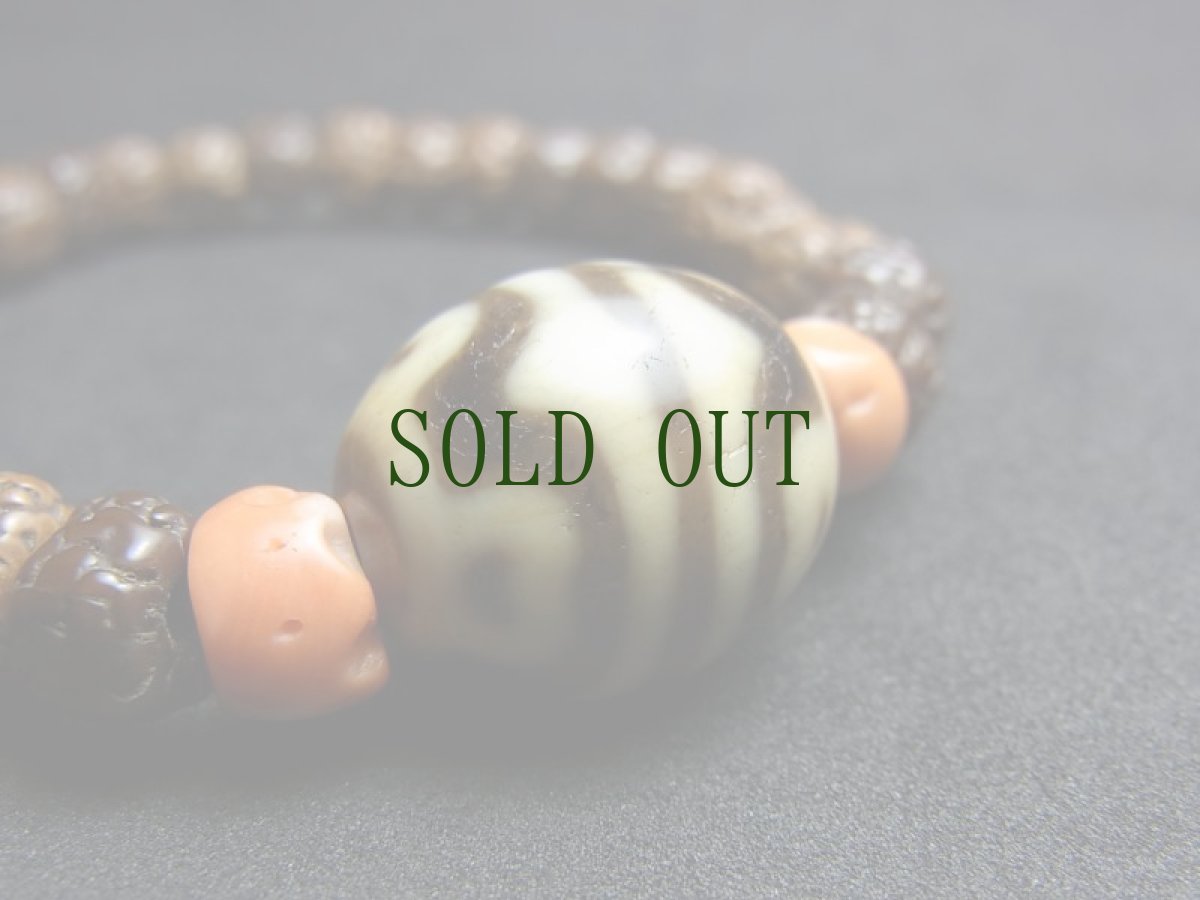 画像3: ジービーズ(dzi with tiger tooth and Lotus motif) 虎牙蓮花天珠 と山珊瑚（コーラル）、金剛菩提樹（ルドラクシャ）のブレスレット (3)