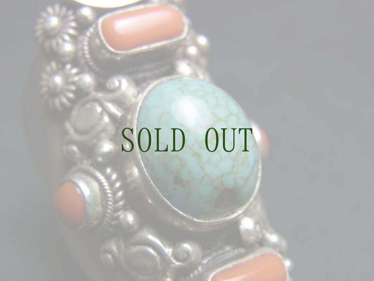 画像3: Tibetan  silver ring with turquoise and coral 　チベタン・ターコイズとコーラル（珊瑚）のシルバーリング（銀92・5）　 (3)