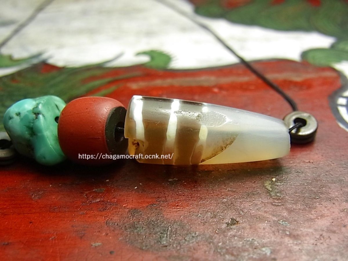 画像2: 古代ジービーズ（老天珠・Ancient dzi stone with old turquoise）老天珠(7ライン)とアンティークターコイズ (2)